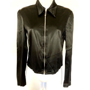 Vintage 90s ICE Y2k Goth Stretch Black Satin Fitted Zip Up Collared Top XS/S